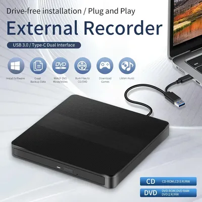 2in1 Type C＆USB 3.0 Slim External DVD RW CD Writer Burner Reader Player Optical Drive Tray Type For