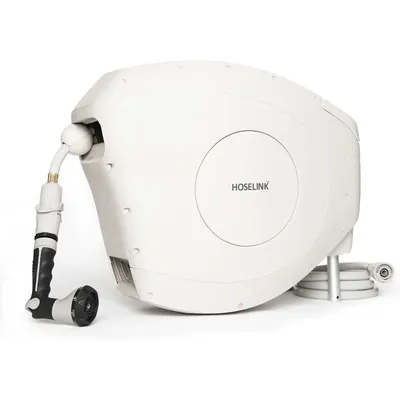 Beige 50ft Automatic Retractable Garden Hose Reel, 9/16”, 8-Pattern Spray Nozzle, UV-Stabilized