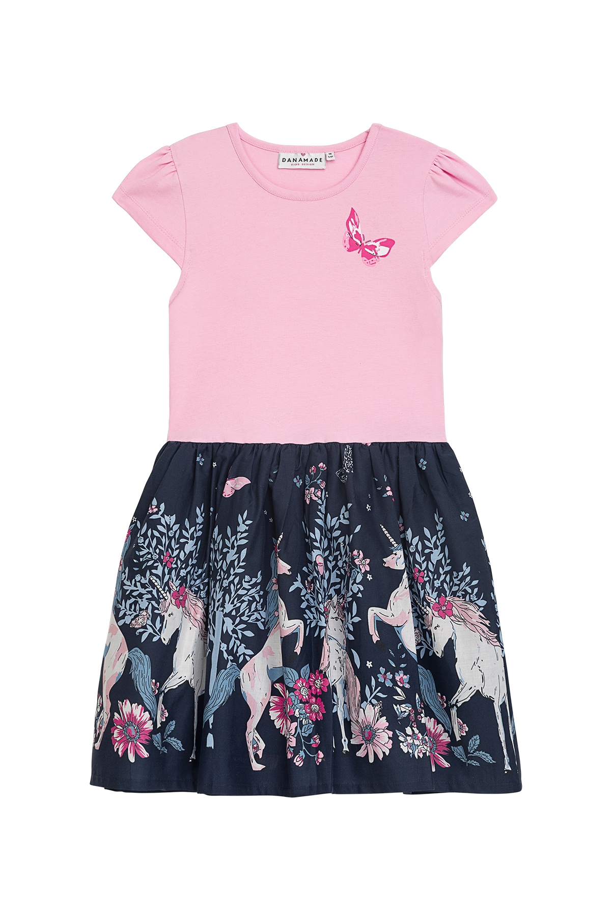 Druckkleid DANAMADE "DANAMADE Dresses DHENRIETTA", Mädchen, Gr. 92, EURO, blau (candy und navy), Oberteil: 95%Baumwolle 5%Elasthan / Rock: 100% Baumwolle / Futter: 100% Baumwolle, Kleider Druckkleid