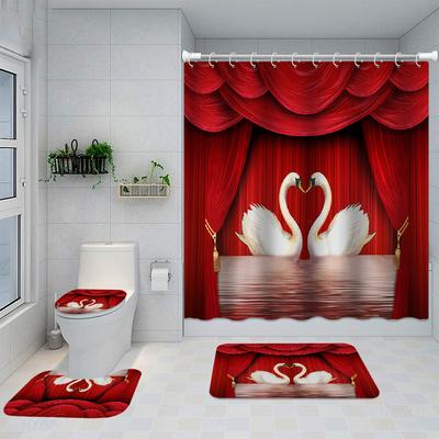 TEMU Romantic Shower Curtain Set With 12 Hooks, Non-slip Bath Mats, Toilet Cover, And Rug - Polyester Fabric, Machine Washable - Ideal For Bathroom Decor, Bathroom Accessories Image