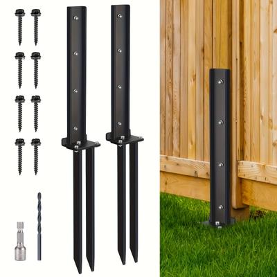TEMU 2 Pack Fence Post Kit, Heavy Duty Steel Fence Post Repair Stakes, Fence Post Ground Spike For Repairing Broken Wooden Fence Post, Black Image