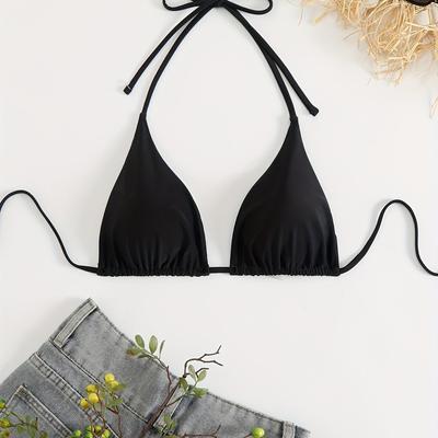 TEMU 1pc Women's Fashionable Solid Color Bikini Top - High Stretch Polyamide Fabric, V-neck, Sleeveless, Knit Weave, Lace-up Detail, Comfortable Swimwear Image