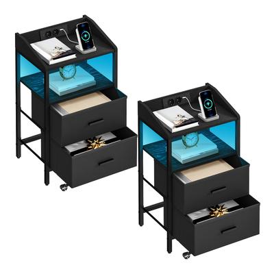 TEMU Bedside Table Set Of 2, With Led Lights And Charging Station, Side Table With 2 Fabric Drawers And Shelves, With Usb Ports & Sockets, For Bedroom, Living Room, White Image
