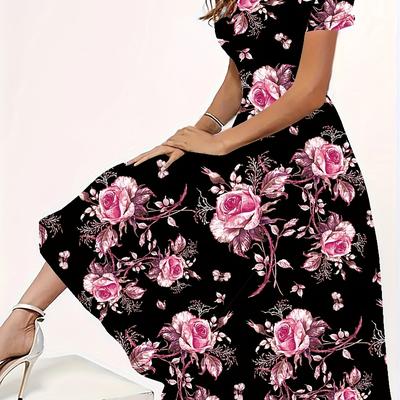 TEMU An Elegant Plus-size Fitted Dress Made Of Polyester Blend With A Textured Pattern, Featuring A Round Neck, Short Sleeves, , Medium Stretch, Knitted Fabric, And A Long Length, Suitable For All . Image