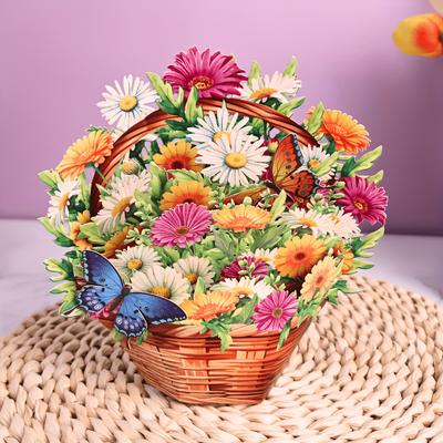TEMU 1pc Daisy Basket Pop-up Greeting Card With Envelope – Vibrant Featuring Daisies, Roses & Butterflies – Mother’s Day, Birthdays, Anniversaries, And Spring Celebrations – Decor Or Party Favor