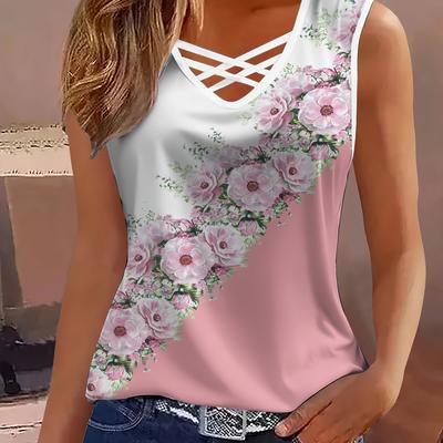 TEMU Elegant Women's V-neck Floral Printed T-shirt, Fashion, 3d Pink Flower Dyeing, For Women's Vest Image