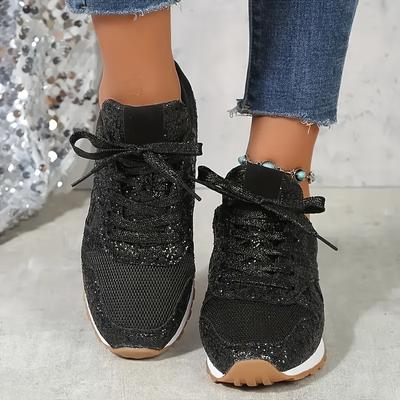 TEMU Women's Sparkly Pink Breathable Mesh Sneakers With Non-slip Rubber Sole, Glittery Low-top Casual Sneakers For All , Lace-, Comfortable And Stylish, Sneakers | Laceup Sneakers | Casual Shoes Image