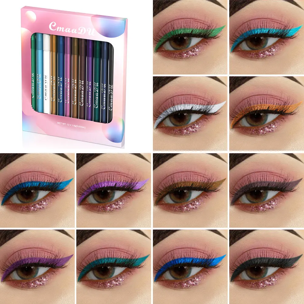 12-Farben-Set Lidschatten-Eyeliner 2-in-1 gebrauchter Stift Matt Glitzer Lidschatten Stick Glanz Wasserdicht Langlebiges Make-up Augen Image