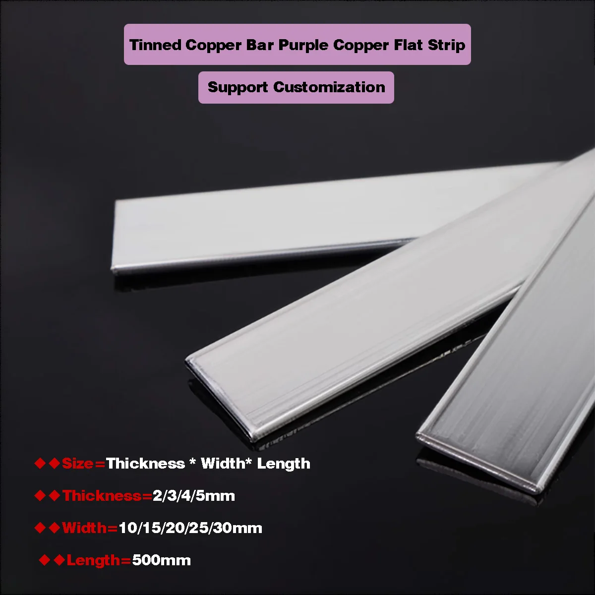 1 Stück Dicke 2 mm 3 mm 4 mm 5 mm T2 verzinnter Kupferstab Lila Kupfer Flachstreifen/leitfähige Erdungsplatte Sammelschienenlänge 500 mm Image