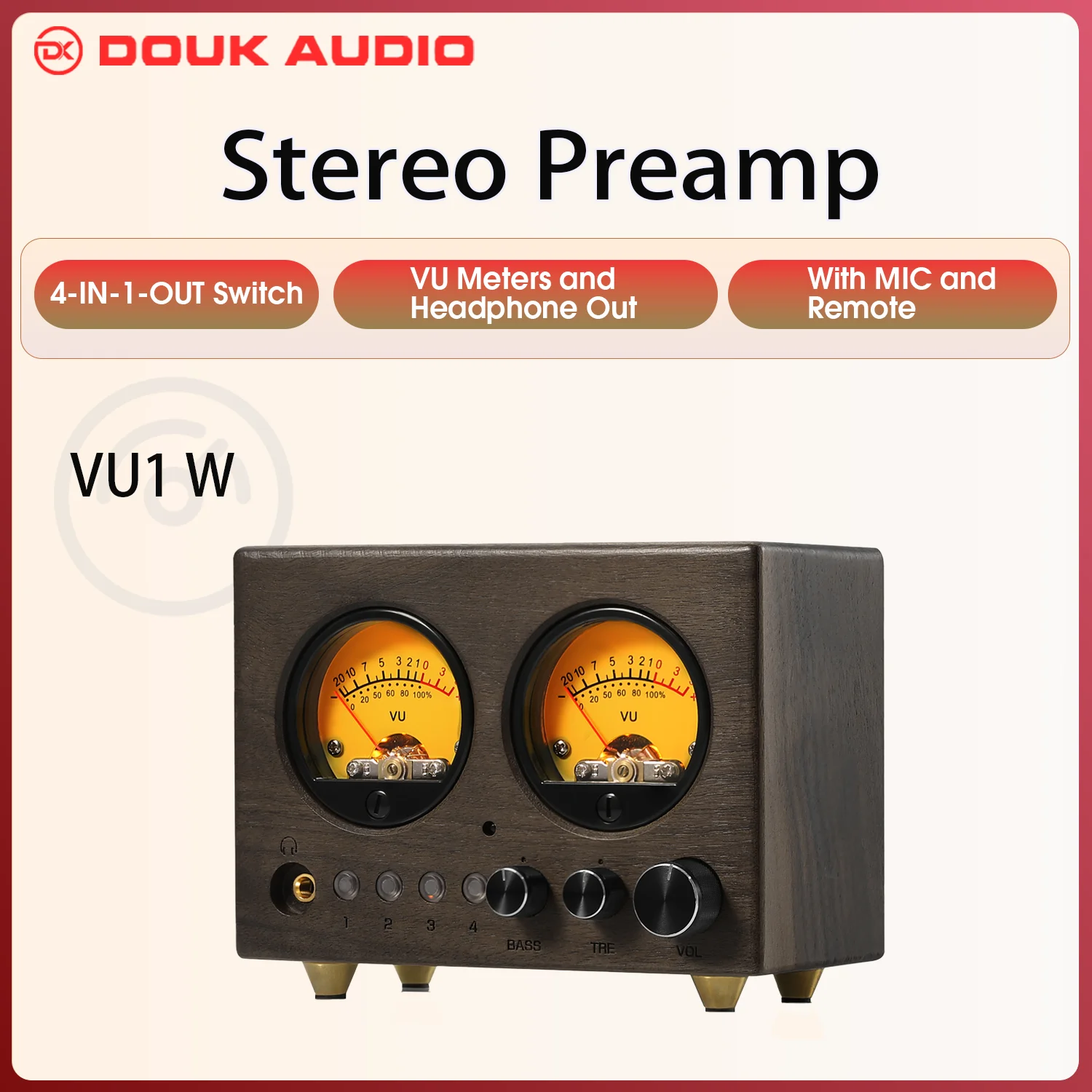 Douk Audio VU1-W 4-Wege-Audio-Umschalter 4-IN-1-OUT Stereo-Vorverstärker Home Selector VU-Meter mit Fernbedienung Image