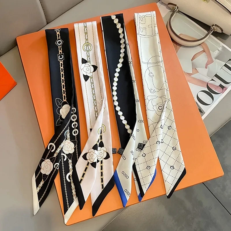 Luxus 5*85 cm Schlanke Modell Temperament Kleinen Schal Lange Seidenschal Haarband frauen All-Match doppelseitige Streamer Image