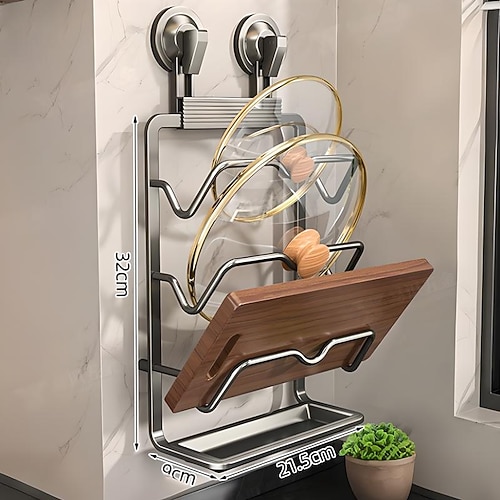Scolapiatti da cucina, supporto per riporre gli utensili da cucina, ventosa, supporto per riporre i taglieri a parete, supporto per riporre i coperchi delle pentole, scolapiatti con scolapiatti
