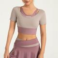 Per donna Top Yoga Scollo Tondo Traspirante Patchwork Manica Corta Gli sport Tinta unica Maglietta Top Per Corsa Fitness Yoga Vestibilità comoda Abbigliamento sportivo