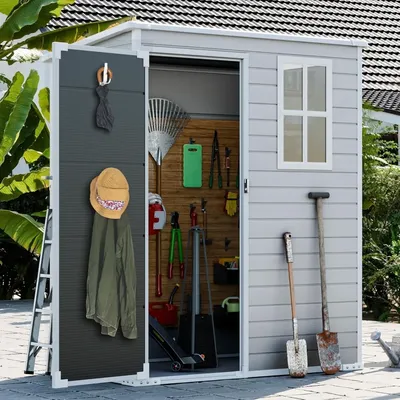 5x3 FT Small Resin Shed, Waterproof Outdoor Storage Shed with Floor & Lockable Door & Window,