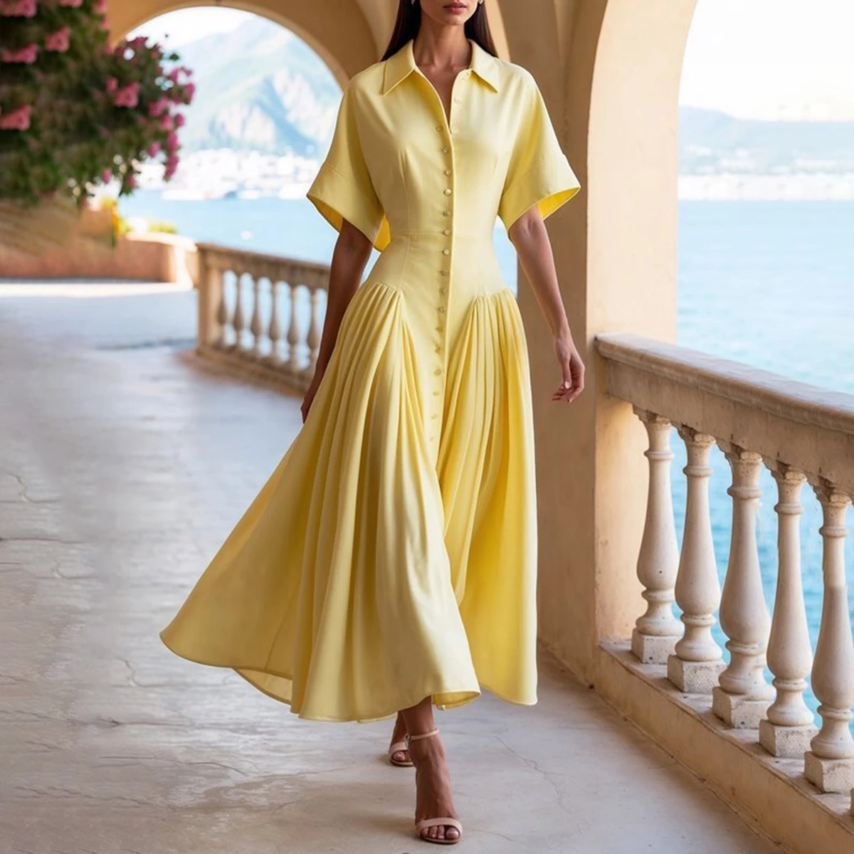 Modigirl femme été élégant robes mi-longues 2025 taille haute revers cou manches courtes boutonné fluide une ligne chemise robe pour les femmes
