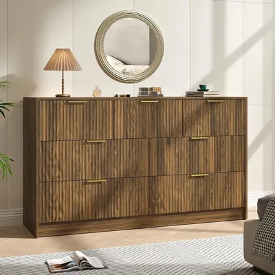 Dresser for Bedroom 55” Wide with 7 Drawer, Mid Century Fluted Wood Dresser with Metal Handle, Chest