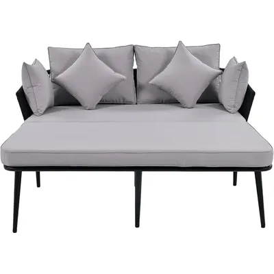 Daybed Double Reclining Chairs with Woven Nylon Rope Backrest and Cushions, All Weather Sunbed