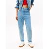Tapered-fit-Jeans TOMMY JEANS "High waist - Mom-Jeans Tapered", Damen, Gr. 26, Länge 30, blau (denim light), Denim/Jeans, Obermaterial: 99% Baumwolle, 1% Elasthan, Abriebeffekte, modisch, Jeans, Mit Tommy Hilfiger Logo-Flag auf der Gesäßtasche