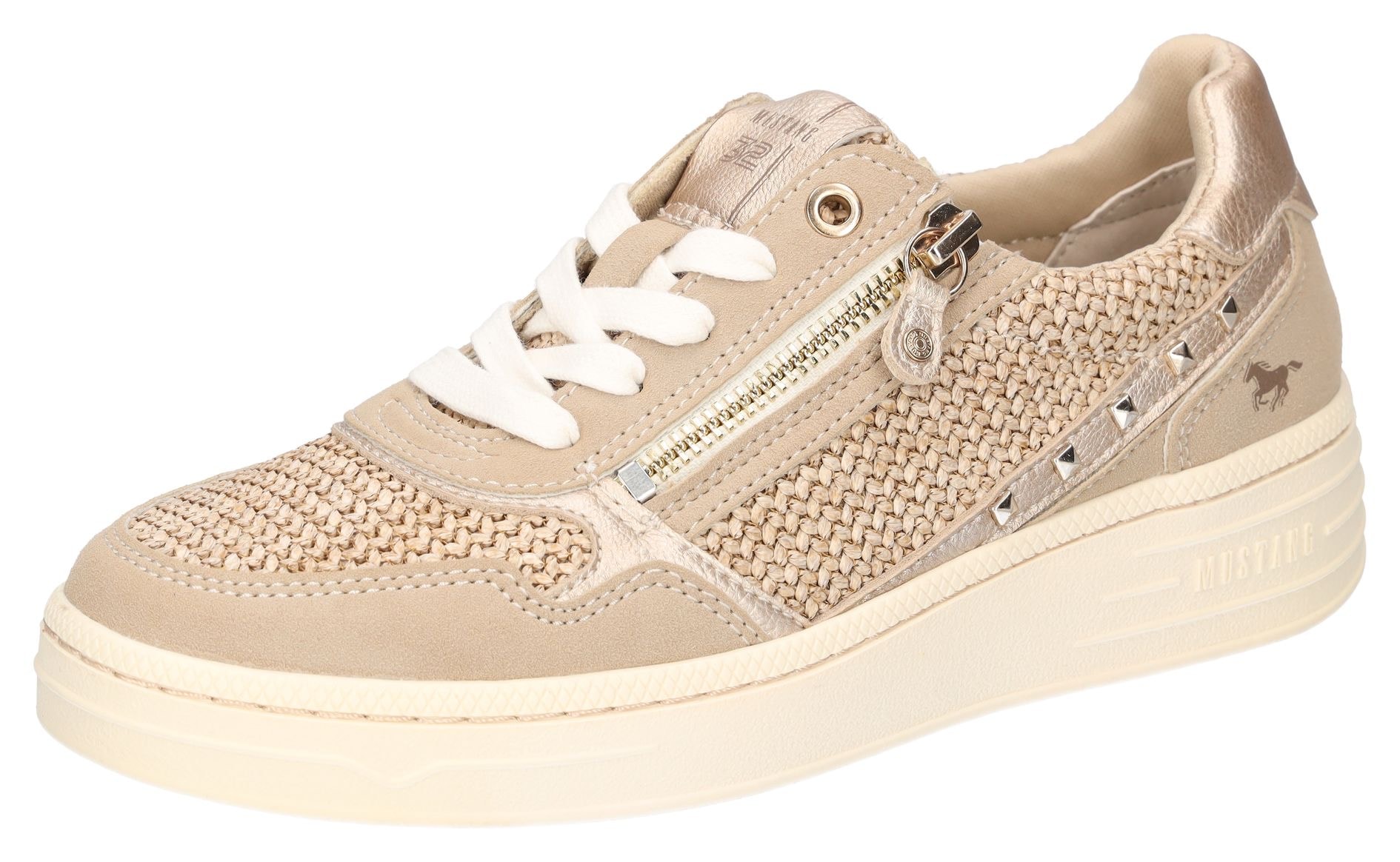 Sneaker MUSTANG SHOES, Damen, Gr. 38, gold (beige, taupe, goldfarben), Lederimitat, Textil, Schuhe Sneaker, Plateausneaker, Schnürschuh mit Glitzernieten