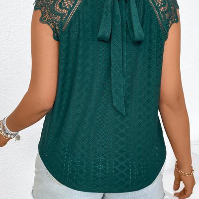 TEMU Women's Elegant Lace Sleeveless Top With Back Bow - Light Green, Short Sleeve, Round Neck, Stretchy Fabric, Spring And Summer, Casual Attire Top|elegant Sleeveless Top|stretchy Fabric Top Image