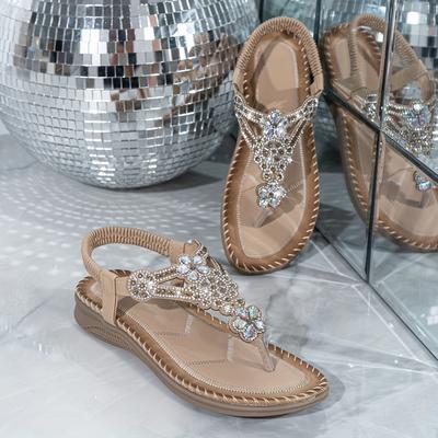 TEMU Women's Bohemian Ethnic Style Casual Fashion Rhinestone Sandals Slippers, Elastic Rubber Band Lightweight Flat Bead Decor Slip Shoes, Lightweight Elegant Outdoor Comfortable , Strappy Sandals Image