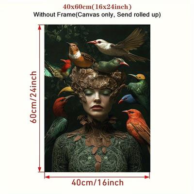 TEMU 1pc Woman With Birds Canvas Poster - , Nature-inspired Wall Art For Living Room, Bedroom, Office - Waterproof, Uv Resistant Home Decor Gift, Living Room Wall Decor Image