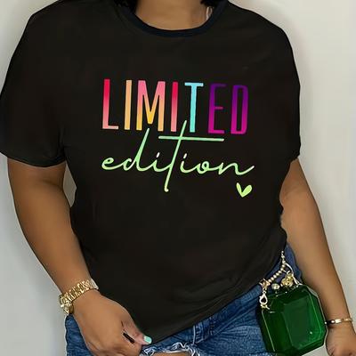 TEMU Women's Edition Graphic Tee - Black Casual Short Sleeve T-shirt With Colorful Letter Print, Comfortable Round Neck, Loose Fit For Spring/summer/fall Image