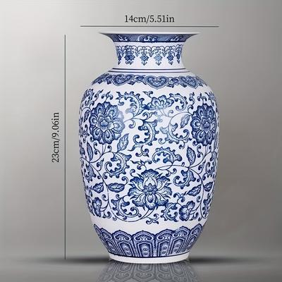 TEMU Vintage Blue And White Ceramic Vase With Intricate Floral Patterns - Decor, Wedding Decoration, Or Artistic Craft Piece - Cylindrical Shape, Living Room Or Dining Table, Vases Home Decor Image
