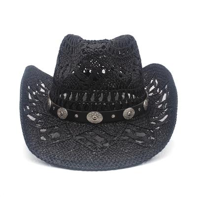 TEMU Spring/summer Unisex Metal Straw Western Cowboy Hat Sun Visor Wide Brim Panama Straw Riding Sun Hat Image