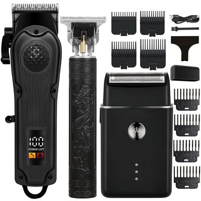 TEMU 3pcs/set Kit - Cordless Hair & Beard Clippers With Led Display, Precision Trimmer, Usb Rechargeable Lithium Battery, Abs Plastic, Includes Comb - Ideal For Home Use & Holiday Gift Image