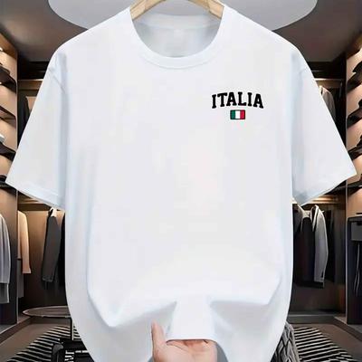 TEMU Italia Men's Summer T-shirt - Casual Crew Neck, Short Sleeve, Stretchy Polyester , Italia Print With Flag Detail, And Comfortable For Casual Attire Image