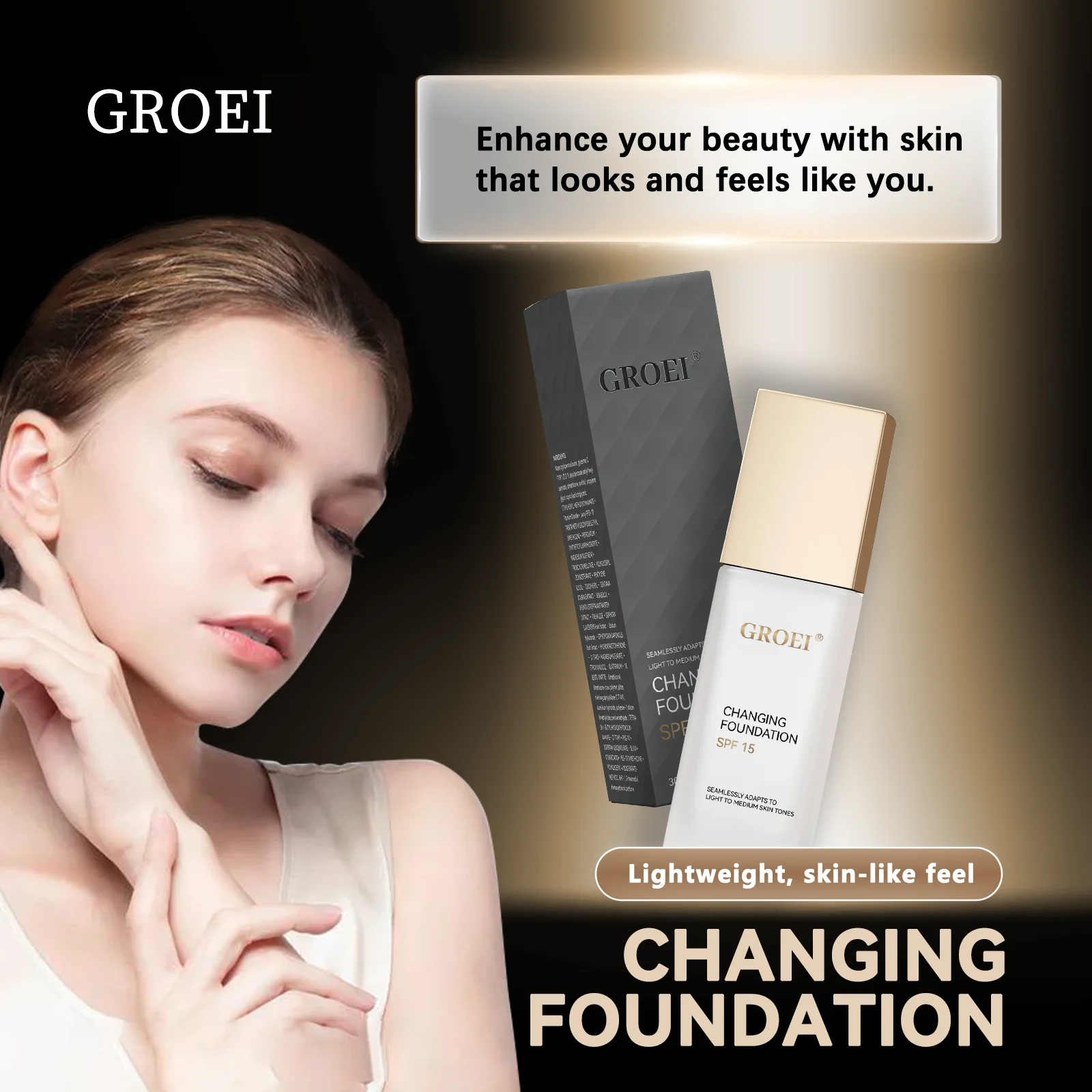 GROEI Changing Foundation SPF15 – 30 ml, automatisch anpassbar, leicht, natürliches Finish für makellose Haut und täglicher Sonnenschutz Image