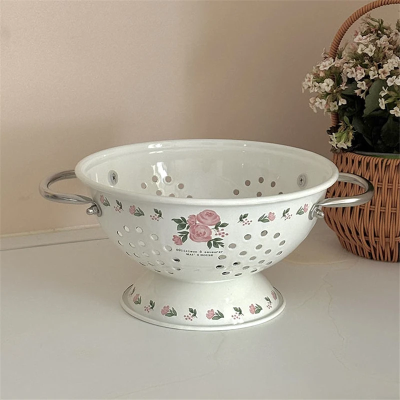 Emaille-Obstkorb, französischer Vintage-Stil, rosa Rose, Abtropfkorb für die Küche, elegantes Wohnzimmer-Obsttablett, eleganter weißer Aufbewahrungskorb