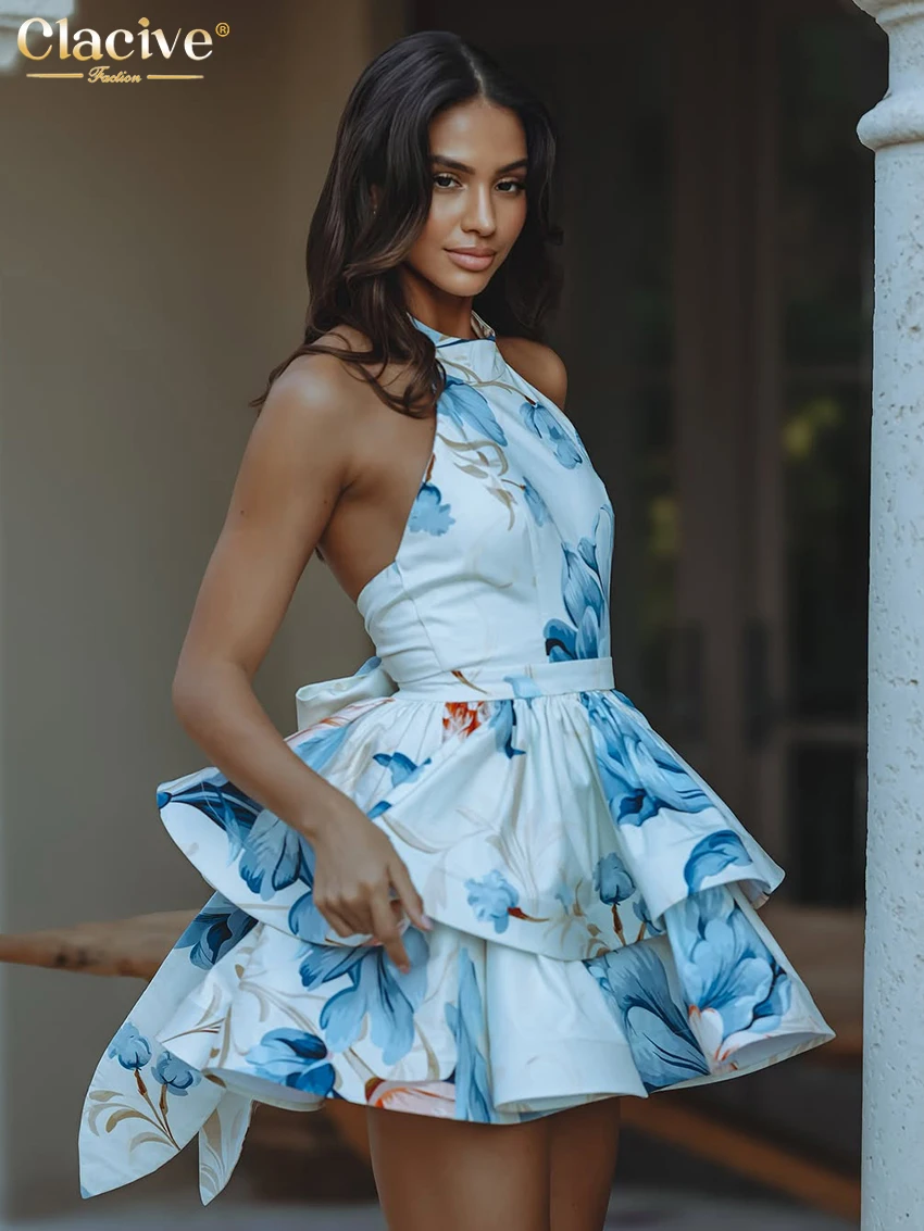Clacive Sommer-Damenkleid mit schlankem Druck, 2025, modisches Neckholder-ärmelloses Minikleid, elegantes, plissiertes Damenkleid mit hoher Taille Image