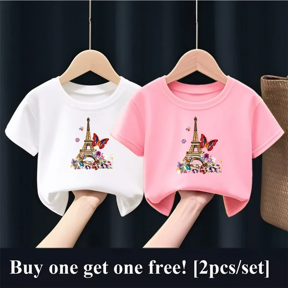 2 teile/paket Mädchen Paris Eiffelturm Schmetterling Drucken Grafik T Shirt Kinder Kurzarm Schwester Passenden Outfit Freund Party Tops Image