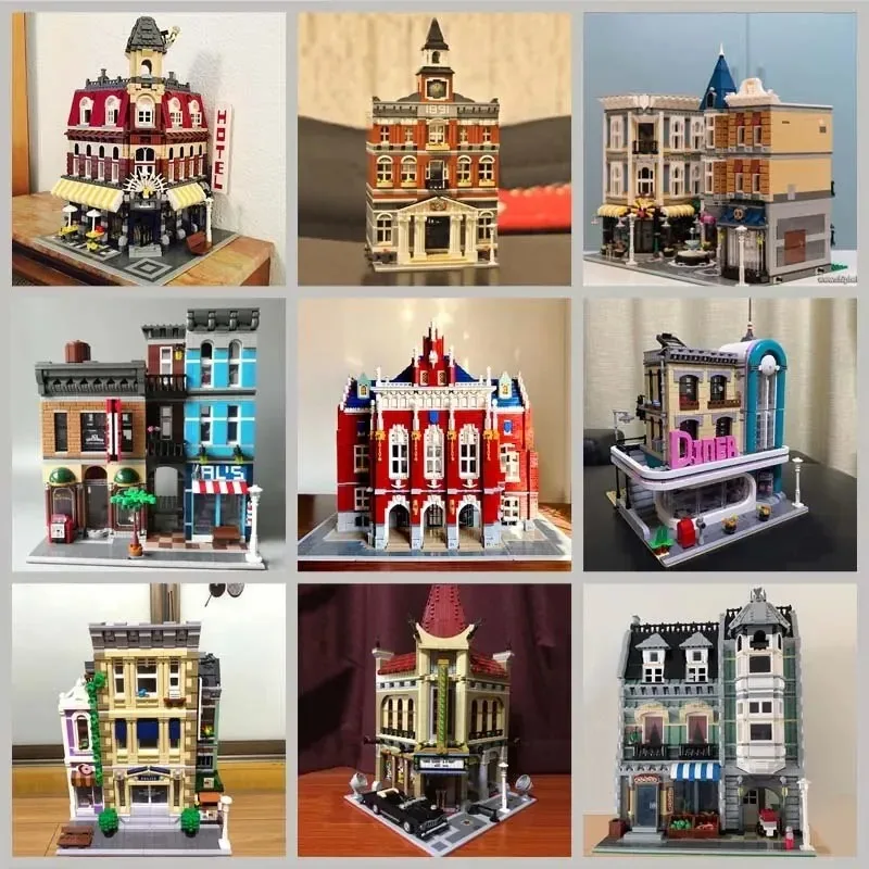 Creative Expert Brick Bank Cafe Corner MOC Building Blocks City Model Bricks Downtown Dinner Bookstore Street View Toy For Kids Image