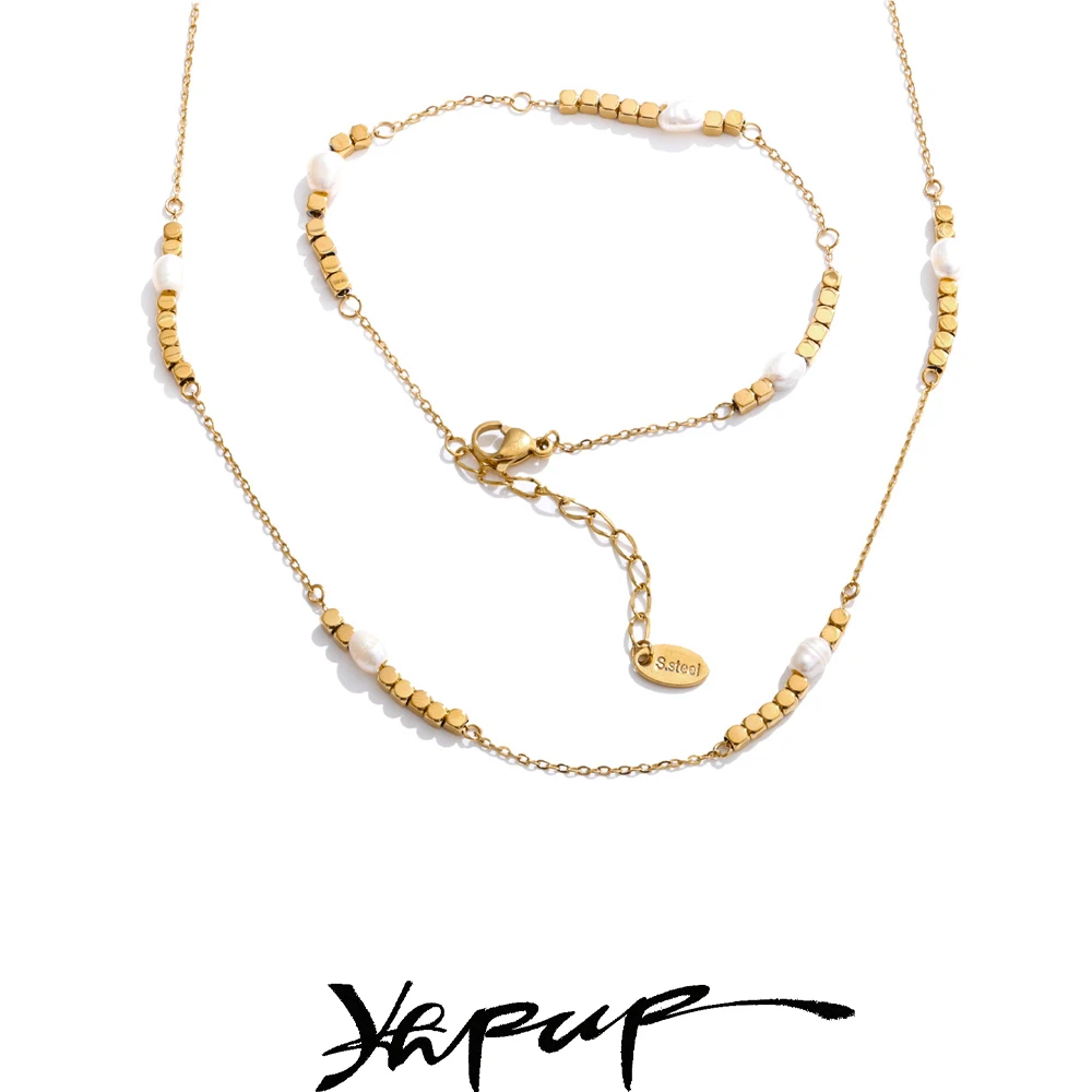 Yhpup Arrivals Edelstahl Natürliche Perle Quadratische Kette Koreanische Halskette Armband Chic Golden PVD Überzogene Mode Charme Schmuck Image
