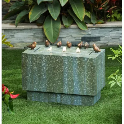 24" Resin Outdoor Fountain, Stone and Patina Rectangular Fountain with LED Lights, Floor Stacked