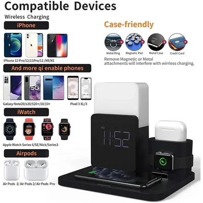 3 In 1 Charging Station Alarm Clock Wireless Charger for IPhone 12 13 14 15 Pro For Samsung AirPods