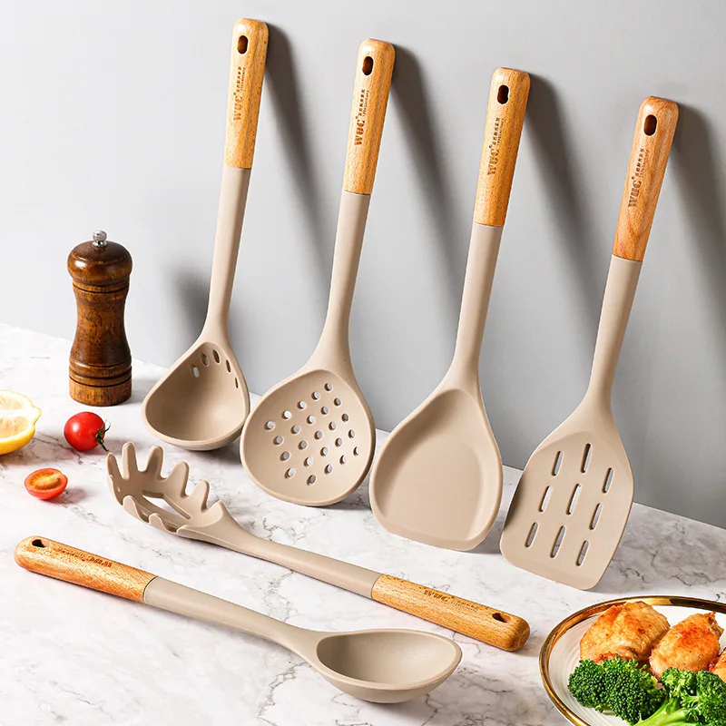 Ustensiles de cuisine en Silicone, ustensiles de cuisine antiadhésifs, tourneur, spatule cuillère fendue avec manche en bois, outils de cuisine
