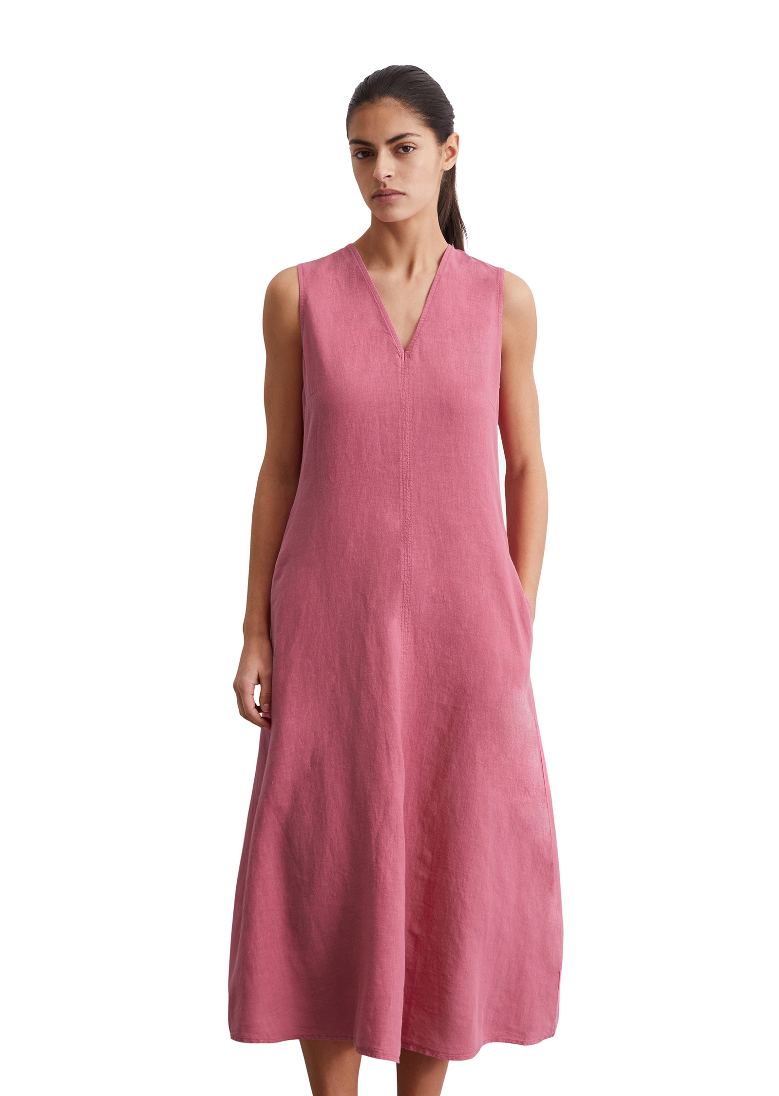 Midikleid MARC O'POLO "in A-Linie geschnitten", Damen, Gr. 32, Normalgrößen, rosa (m634), Obermaterial: 100% Leinen; Futter: 100% Baumwolle, unifarben, figurbetont wadenlang, V-Ausschnitt, Kleider Midikleid