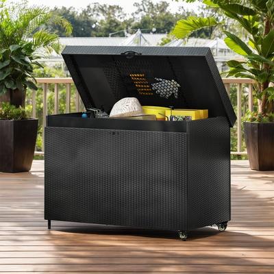 230 Gallon Wicker Deck Box with Wheels - All-Weather Outdoor Storage Box for Patio Furniture, Outdoor Cushions, Pool Storage