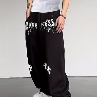 TEMU [] Men's Casual Wide-leg Pants With Elastic Waistband And Print - Travel, Fitness, And Outdoor Activities, Loose Fit, Polyester Fabric, Medium Stretch, Spring/fall Seaso Image