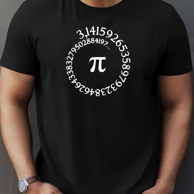 TEMU Men's Casual Short Sleeve T-shirt With Pi Number Print, Crew Neck Polyester Tee, Stretch, Regular Fit, Summer Knit Fabric Top For Weekend Casual Wear Image