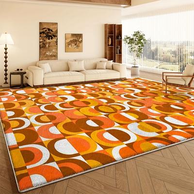 TEMU Luxurious Velvet Area Mat - 850g/m², Machine Washable, Non-slip, Geometric Pattern In Vibrant Orange, Yellow & White - Living Room, Bedroom, Office Decor, Rugs For Living Room Image