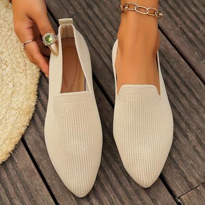 TEMU Women's Knit Flats, Solid Color Pointed Toe Slip-on Shoes, Comfortable Fabric Upper With Rubber Sole And Synthetic Insole Image
