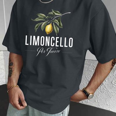TEMU Limoncello Print Tee Shirt, Men's Casual Short Sleeve T-shirt For Summer, Polyester, Geometric Pattern, Crew Neck, Stretch, Regular Fit, Short Sleeve, Knit Fabric, 150 G/m² Image