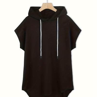 TEMU Women's Plus Size Black Hoodie - Casual Short Sleeve, Drawstring Detail, Medium Stretch Fabric, Spring/summer Women's Top, Casual Wear Hoodie | Solid Color Top | Medium Stretch Image