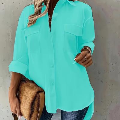 TEMU Women's Collar Button-front Blouse With Chest Pocket - Solid Color Non-see-through Machine Washable Shirt For All , Casual & Formal Wear, Versatile Fashion, Collar, Smooth Texture Image
