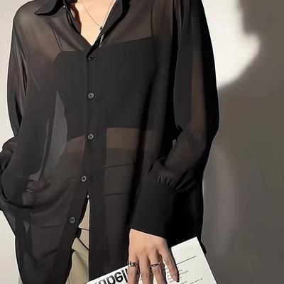 TEMU Chiffon Button Front Semi-sheer Blouse, Sexy Short Sleeve Top For , Women's Clothing Image